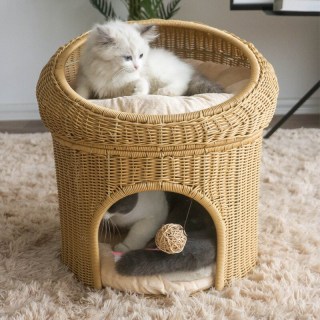 double deck cat house semi closed rattan 